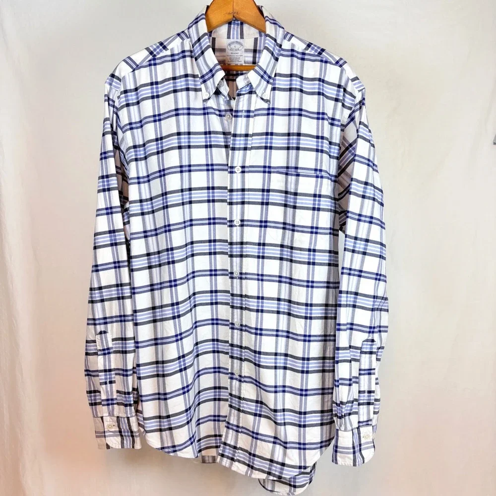 Brooks Brother Regent Blue Plaid 100% Supima Cotton Button Down Shirt Men L USA